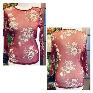 1990s 2000s Y2k Burgundy Sheer Sparkly T-shirt Print Rose Whimsigoth Club